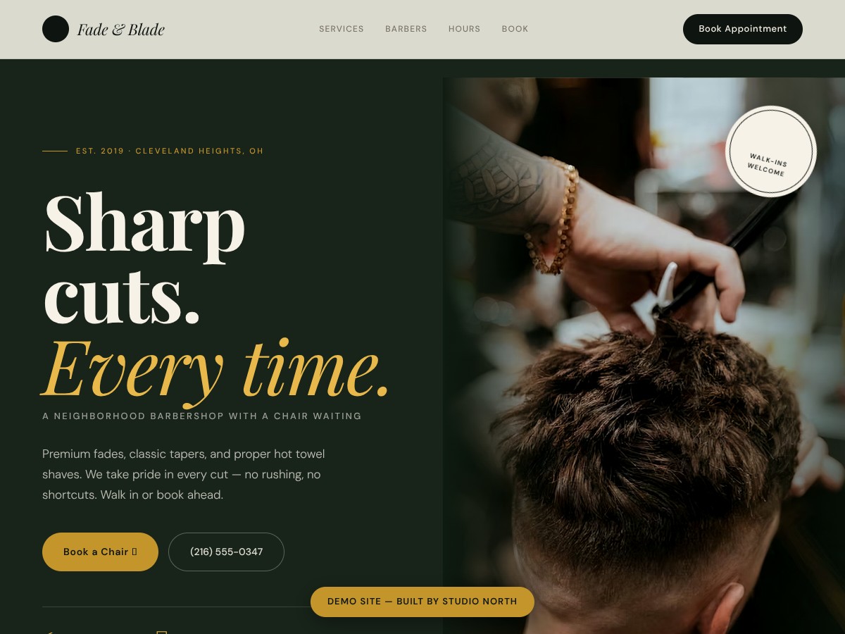 Screenshot of Fade & Blade Barbershop demo site
